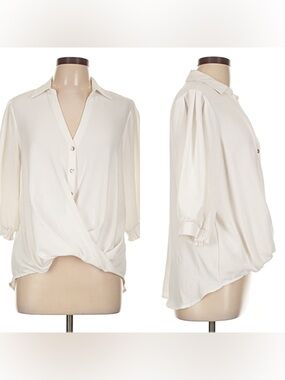 Status by Chenault White Puff 3/4 Sleeve Relaxed Fit Button Up Blouse Size Large